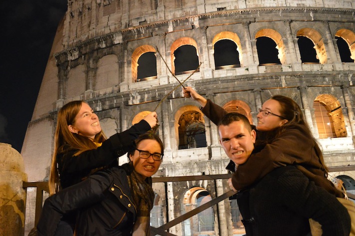 For our scavenger hunt...We had to pretend to have a gladiator fight in front of the the Colosseum. So, we made did a "chicken" version!